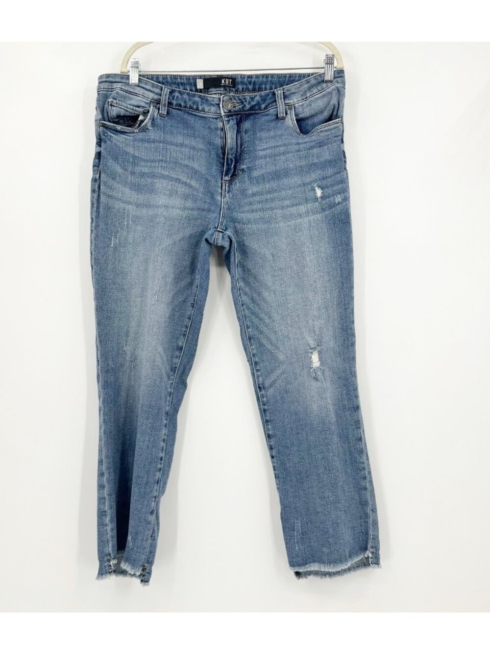 Kut from the Kloth Jeans 12 Mid Rise Crop Raw Hem Stretch Distressed Skinny